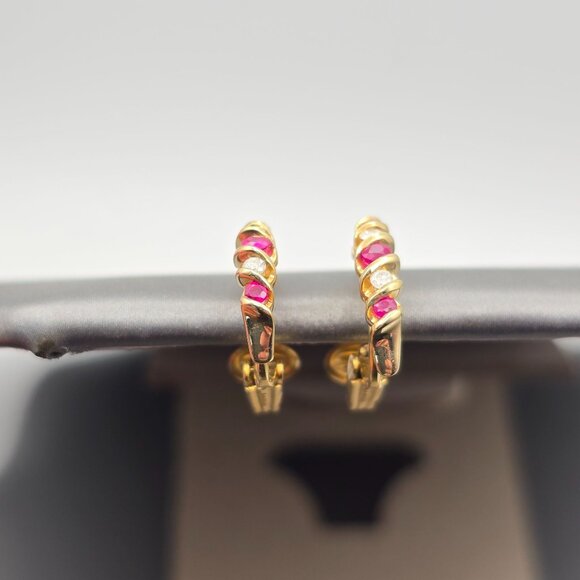VTG Gold-Filled Pink Tourmaline & Lab Grown Diamonds Clip-On 1/2 Hoop Earrings - Picture 3 of 10